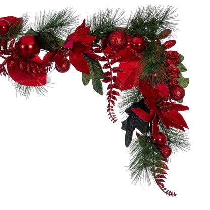 Vickerman 72" Merry Red Poinsettia Ball and Fern Decorated Garland.