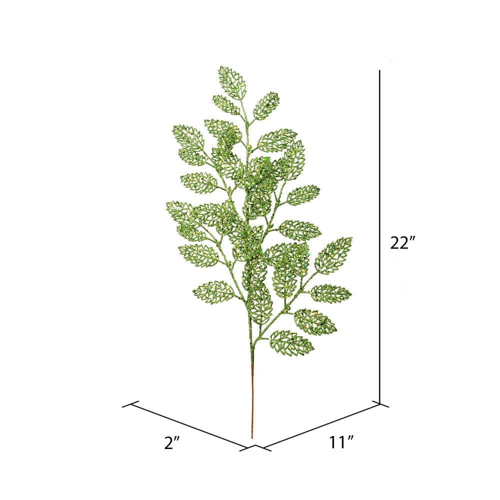 Vickerman 22" Lime Glitter Loral Leaf Artificial Christmas Spray. Includes 12 sprays per pack.