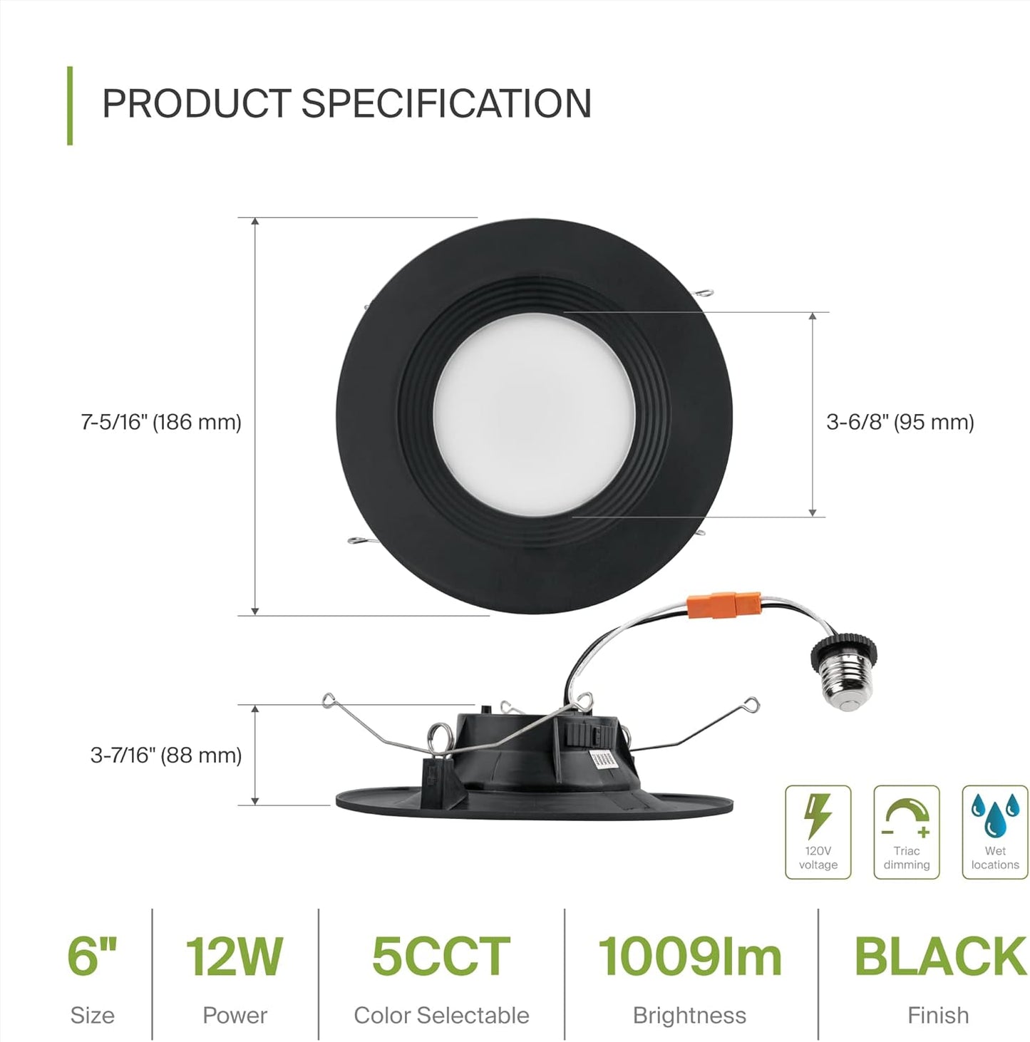 ASD Lighting LED Round Downlight Retrofit Kit 5'' and 6" 12W 120V CCT Selectable 2700/3000/3500/4000/5000K Dimmable PC, Baffle Trim, Black UL