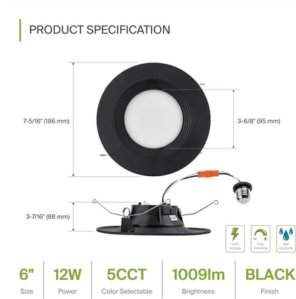 ASD Lighting LED Round Downlight Retrofit Kit 5'' and 6" 12W 120V CCT Selectable 2700/3000/3500/4000/5000K Dimmable PC, Baffle Trim, Black UL
