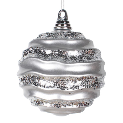 Vickerman 8' Silver Stripe Candy Finish Wave Ball Christmas Ornament with Glitter Accents