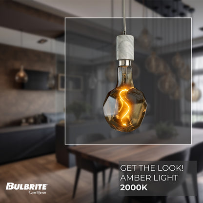 Bulbrite LED Grand Bulb and Pendant Kit of (1) 4 Watt Antique Glass 12" Jewel Shaped Bulb and (1) White Marble Open Socket Pendant on White Fabric Braided Cord - 2000K (Amber Light)