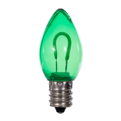 Vickerman C7 Transparent U-Shaped Filament Green Bulb, E12 Base, .6 Watts, 25 Pcs Assorted/Bag.  Colors included are Blue, Red, Green, Purple and Amber.