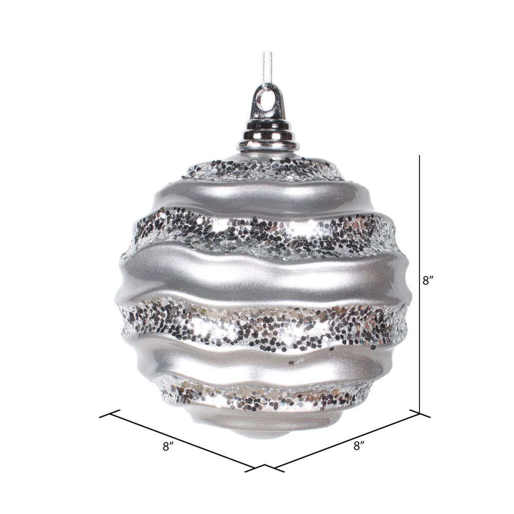 Vickerman 8' Silver Stripe Candy Finish Wave Ball Christmas Ornament with Glitter Accents