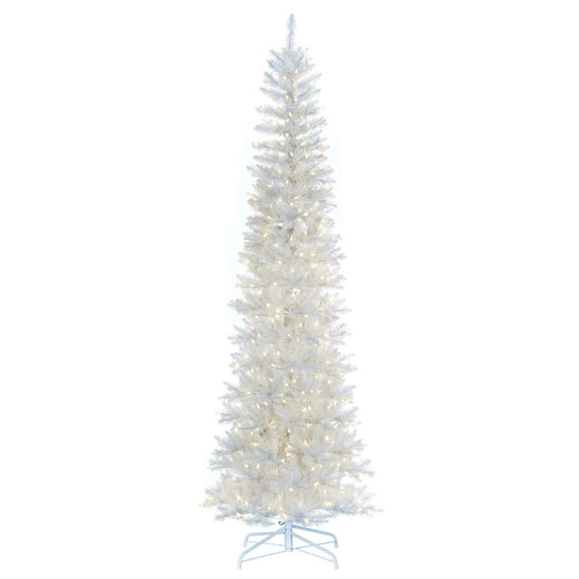 Vickerman 9.5' x 42" White Pencil Artificial Pre-Lit Christmas Tree with 700 Dura-Lit® Warm White LED Mini Lights. It measures 114 inches tall, and 28 inches wide, which is considered a pencil profile. This tree boasts 1700 tips for a realistic look. Pre-