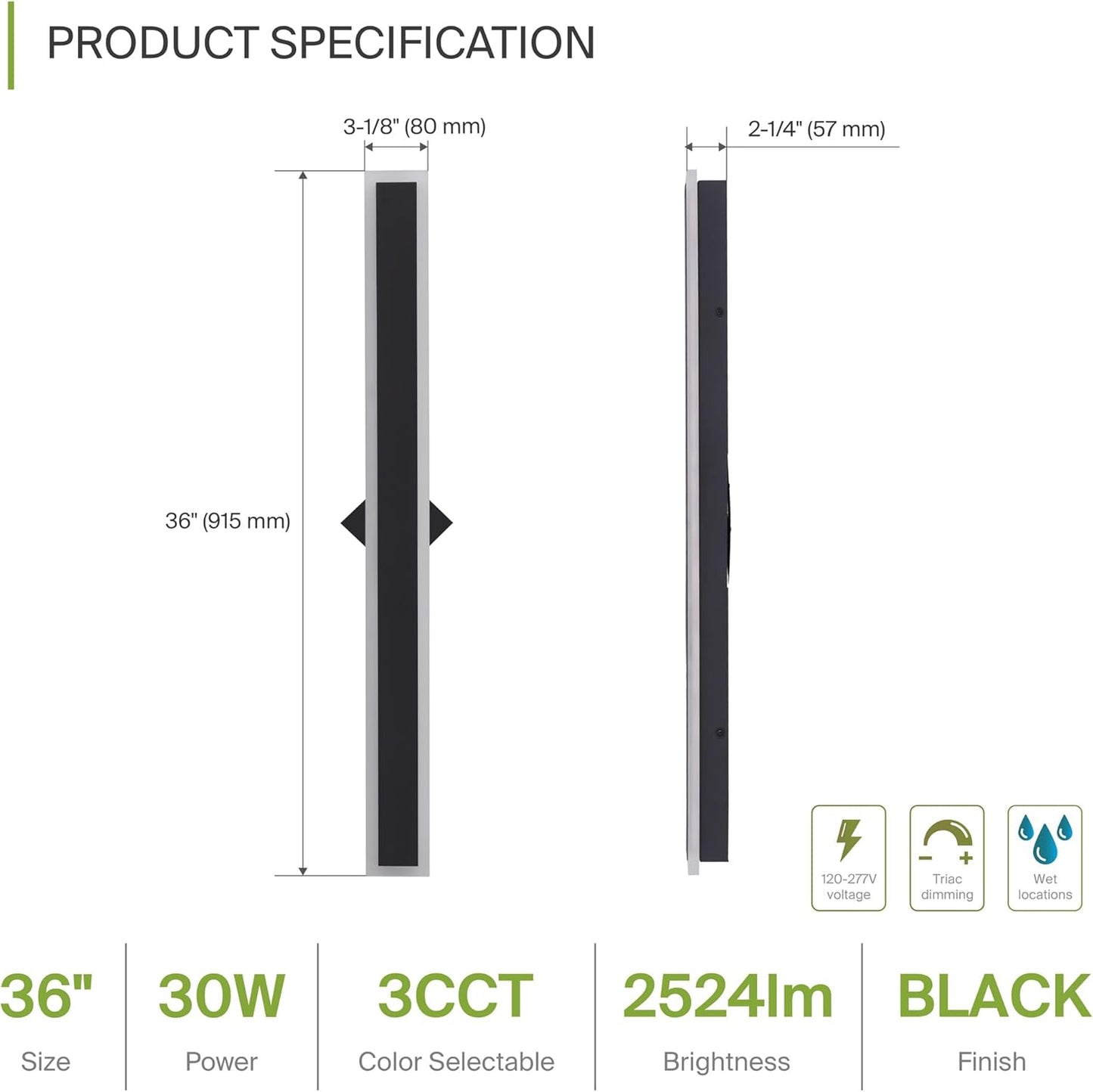 ASD Lighting LED Outdoor Wall Sconce Narrow design 36" 30W 120-277V CCT Selectable 3000/4000/5000K Dimmable Black ETL