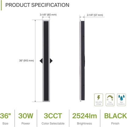 ASD Lighting LED Outdoor Wall Sconce Narrow design 36" 30W 120-277V CCT Selectable 3000/4000/5000K Dimmable Black ETL