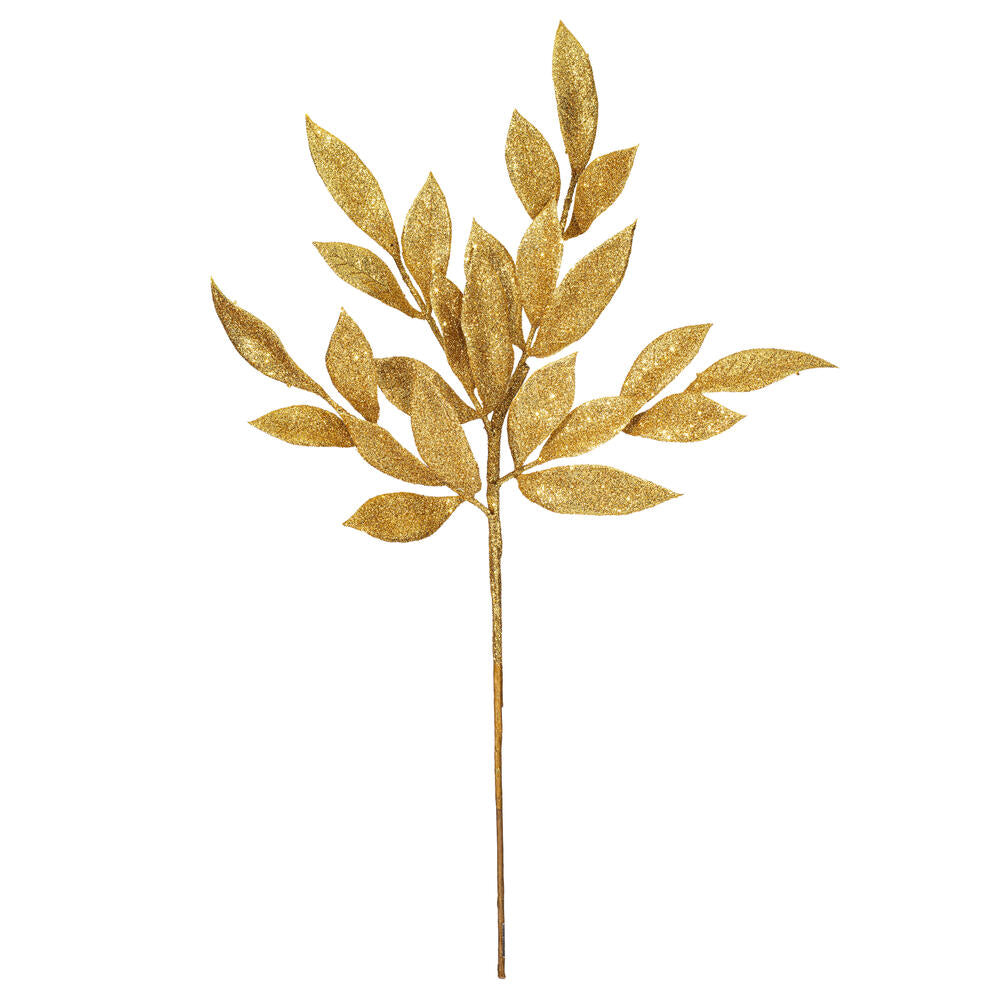 Vickerman 22" Gold Glitter BayLeaf Artificial Christmas Spray. Includes 12 sprays per pack.