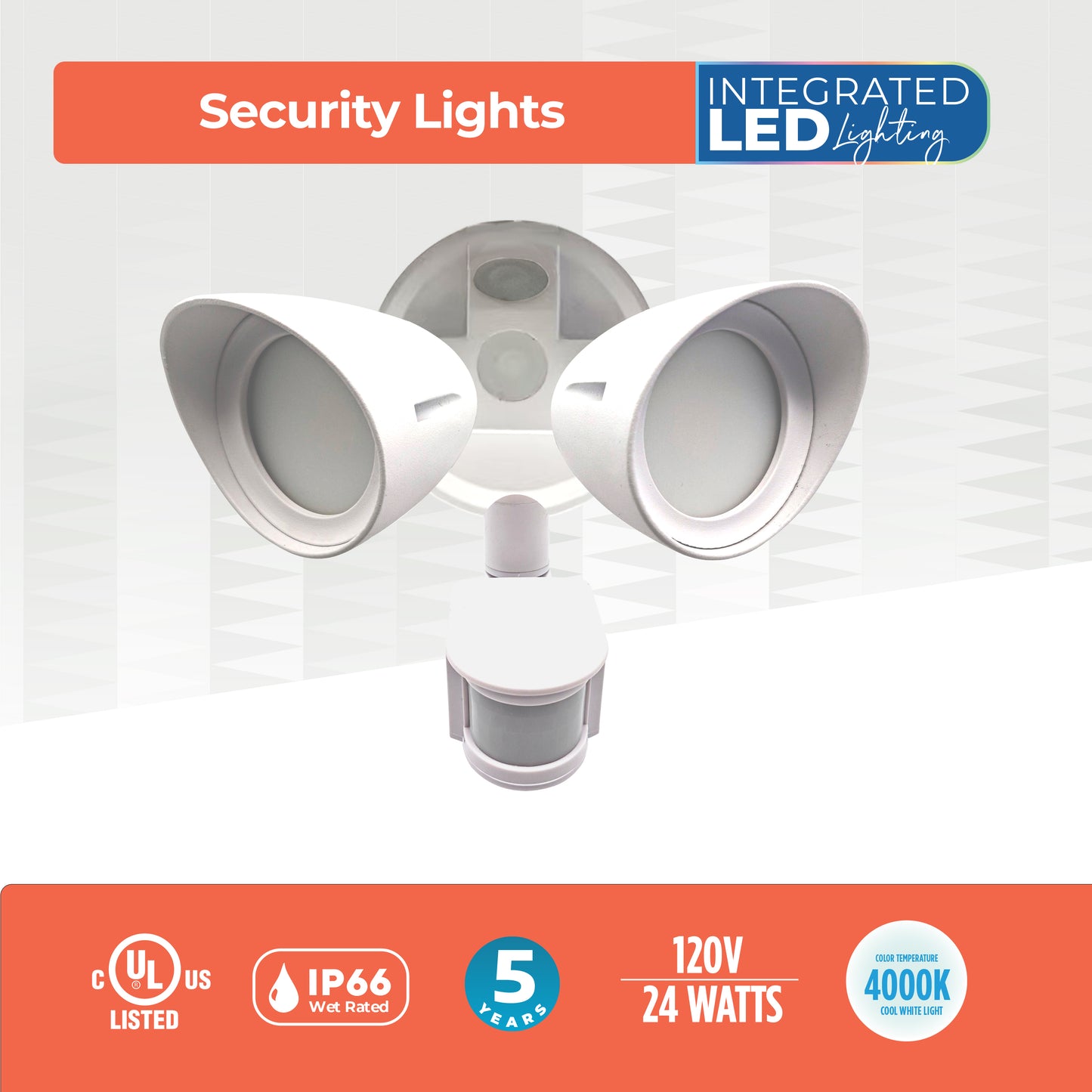 Bulbrite 773702 Motion Sensor / Dusk-To-Dawn Wired Outdoor 2-Head LED Security Flood Light, White
