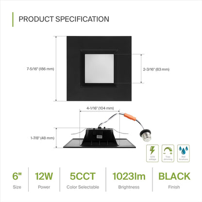 ASD Lighting LED Square Downlight Retrofit Kit 6" 12W 120V CCT Selectable 2700/3000/3500/4000/5000K Dimmable PC, Baffle Trim, Black UL 6pack