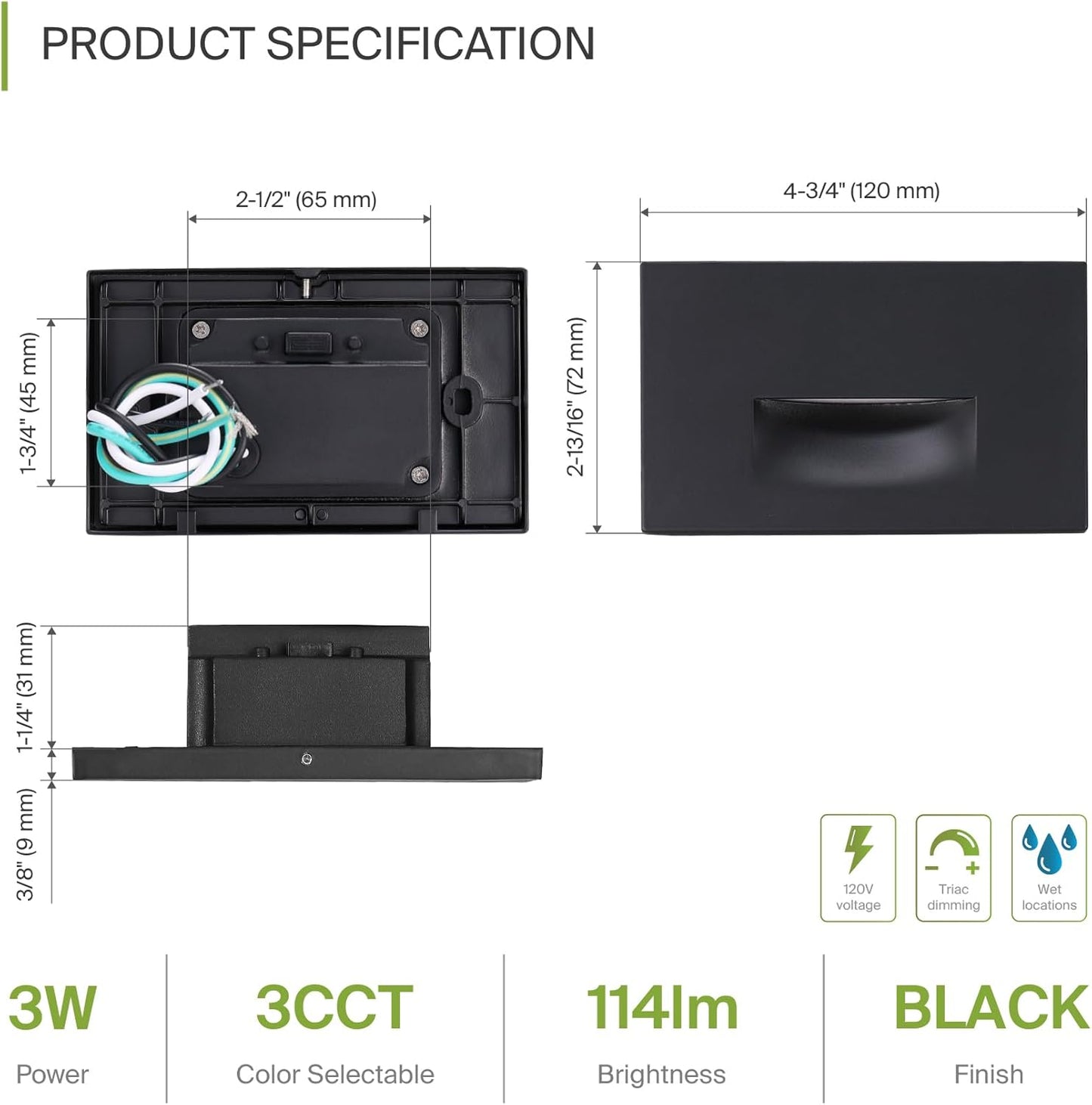 ASD Lighting LED Step Light Horizontal 3W 120V CCT Selectable 3000/4000/5000K Dimmable Black ETL 4pack