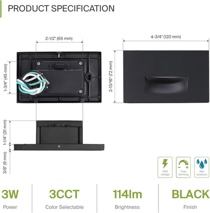 ASD Lighting LED Step Light Horizontal 3W 120V CCT Selectable 3000/4000/5000K Dimmable Black ETL 4pack