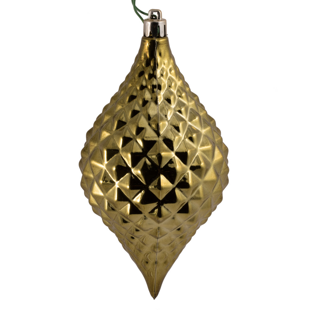 Vickerman 6" x 3" Olive Shiny Diamond Drop Ornament with drilled and wired caps. Comes 4 per Bag.