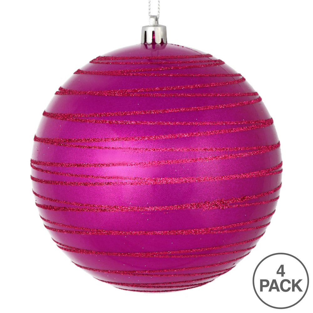 Vickerman 4.75" Fuchsia Candy Finish Ball Ornament with Glitter Lines 4 per Bag