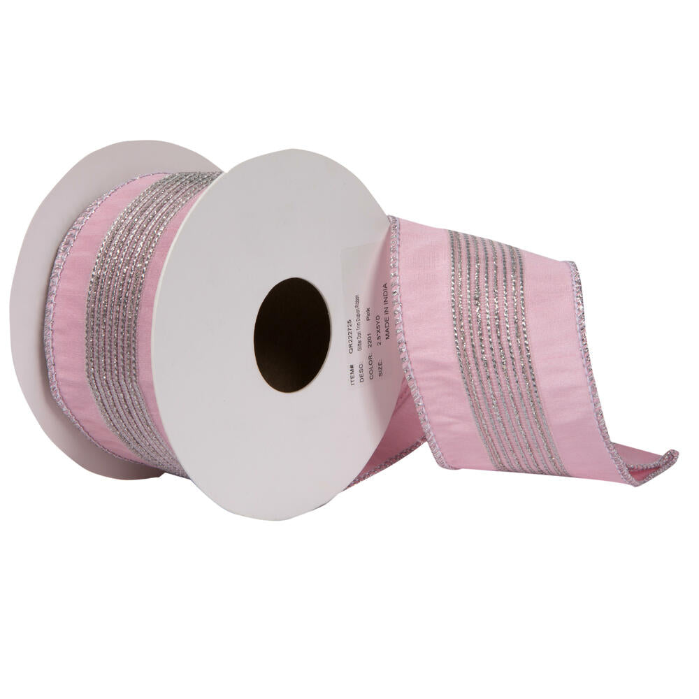 Vickerman 2.5" x 5 Yards Pink Glitter Dori Trim Dupioni Ribbon