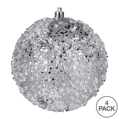 Vickerman 6" Silver Glitter Hail Ball Ornament 4 per Bag