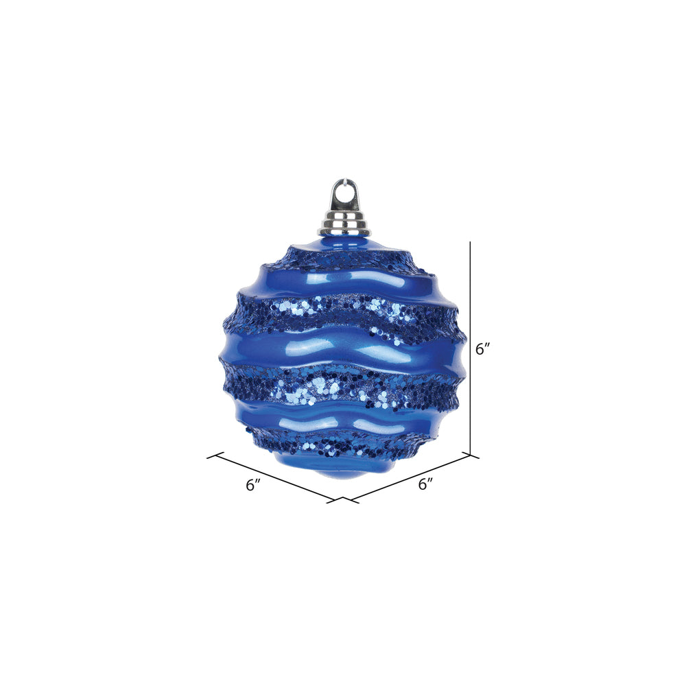 Vickerman 6" Blue Stripe Candy Finish Wave Ball Christmas Ornament with Glitter Accents