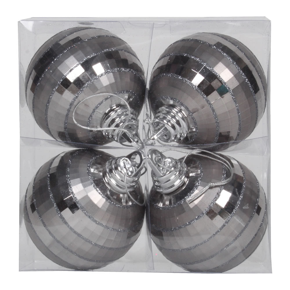 Vickerman 4" Pewter Shiny and Matte Mirror Ball Christmas Ornament with Glitter Accents 4 per Box