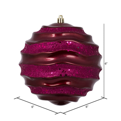 Vickerman 6" Berry Red Stripe Candy Finish Wave Ball Christmas Ornament with Glitter Accents