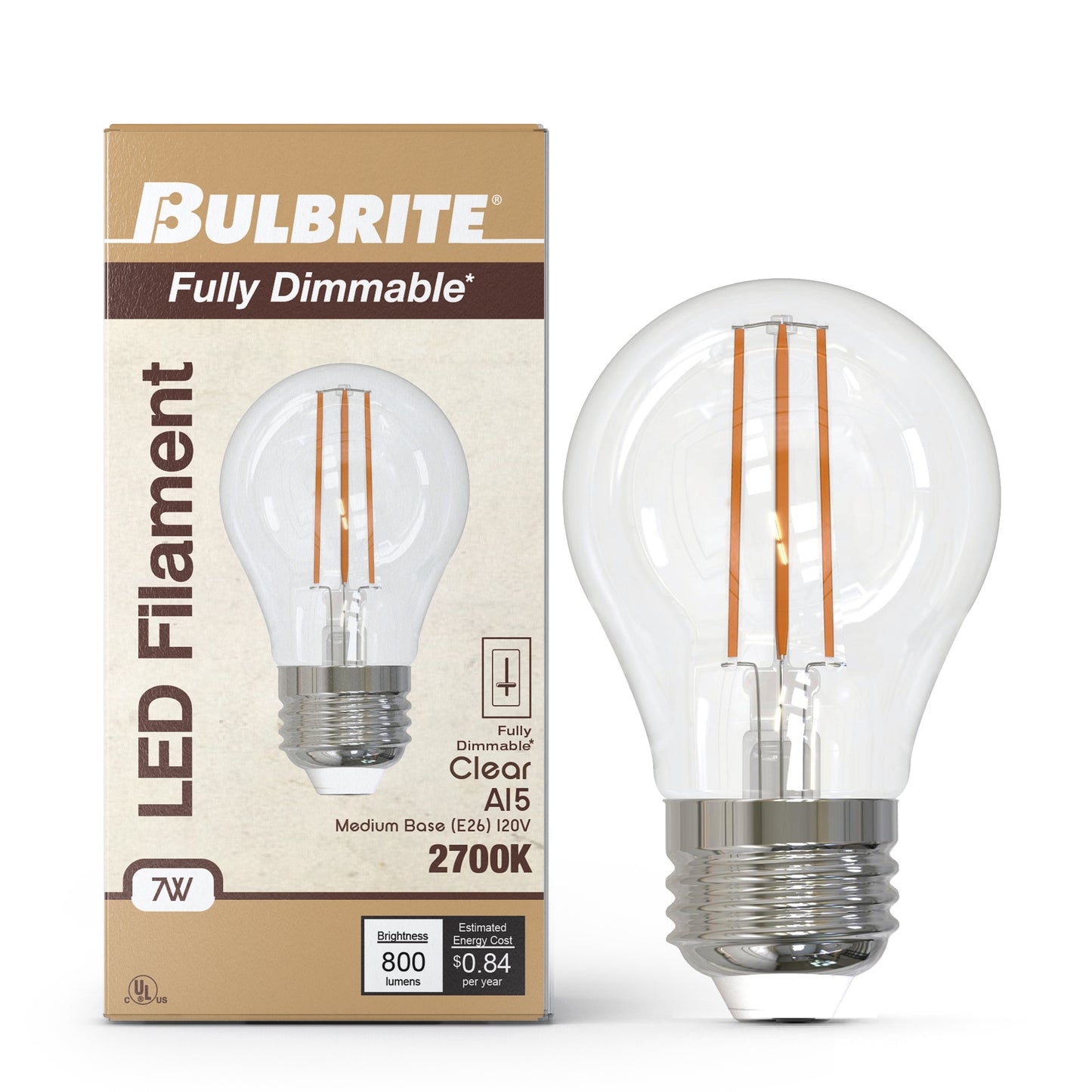 Bulbrite 862057 LED Filament Pack of (4) 7 Watt Dimmable A15 Light Bulb with Clear Glass Finish and Medium (E26) Base - 2700K (Warm White Light), 800 Lumens