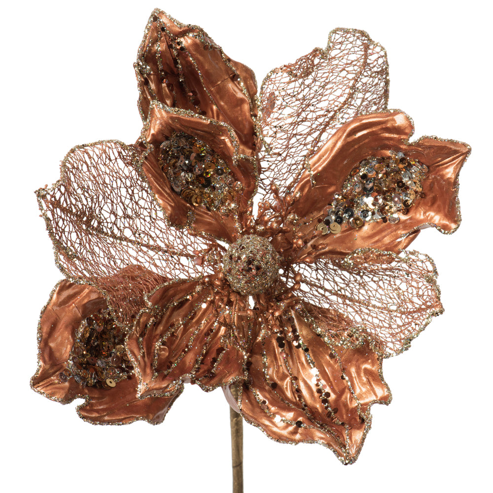 Vickerman 14" Mocha Pearl Glitter Magnolia Artificial Christmas Stem 3 per Bag