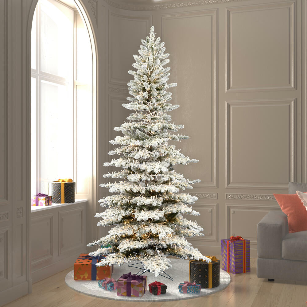 Vickerman 7.5' x 43" Flocked Stratton Pine Artificial Christmas Tree Low Voltage LED Warm White Wide Angle 3mm Lights