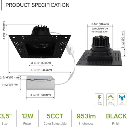 ASD Lighting LED Trimless Downlight Square 3.5inch 12W 120V Triac 2700/3000/3500/4000/5000K Black ETL