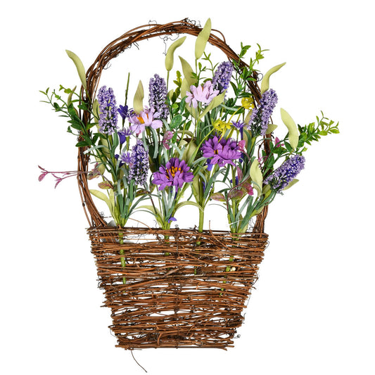 Vickerman 16"x10" Artificial Purple Lilac Wild Flower Basket. This hanging basket features purple wild and lilac flowers with mixed greenery.