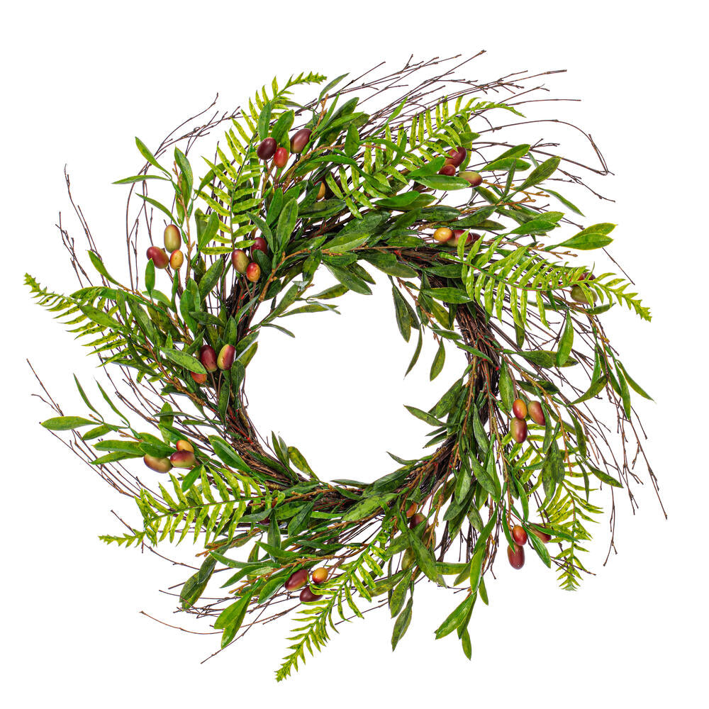 Vickerman 22" Artificial Green Olive Wreath. Features green foliage with dark orange olives.