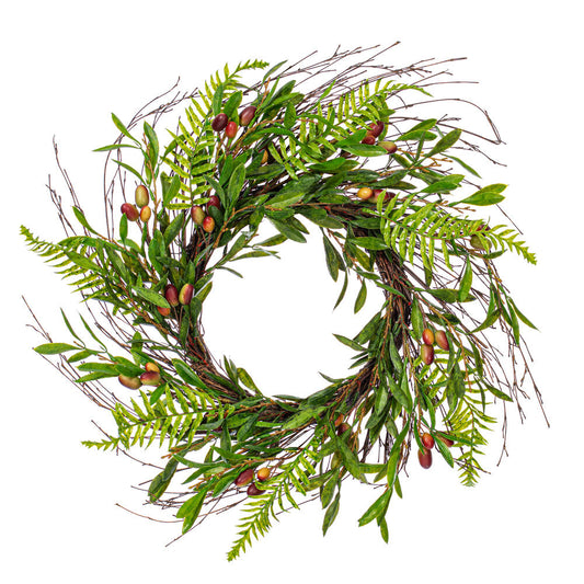 Vickerman 22" Artificial Green Olive Wreath. Features green foliage with dark orange olives.