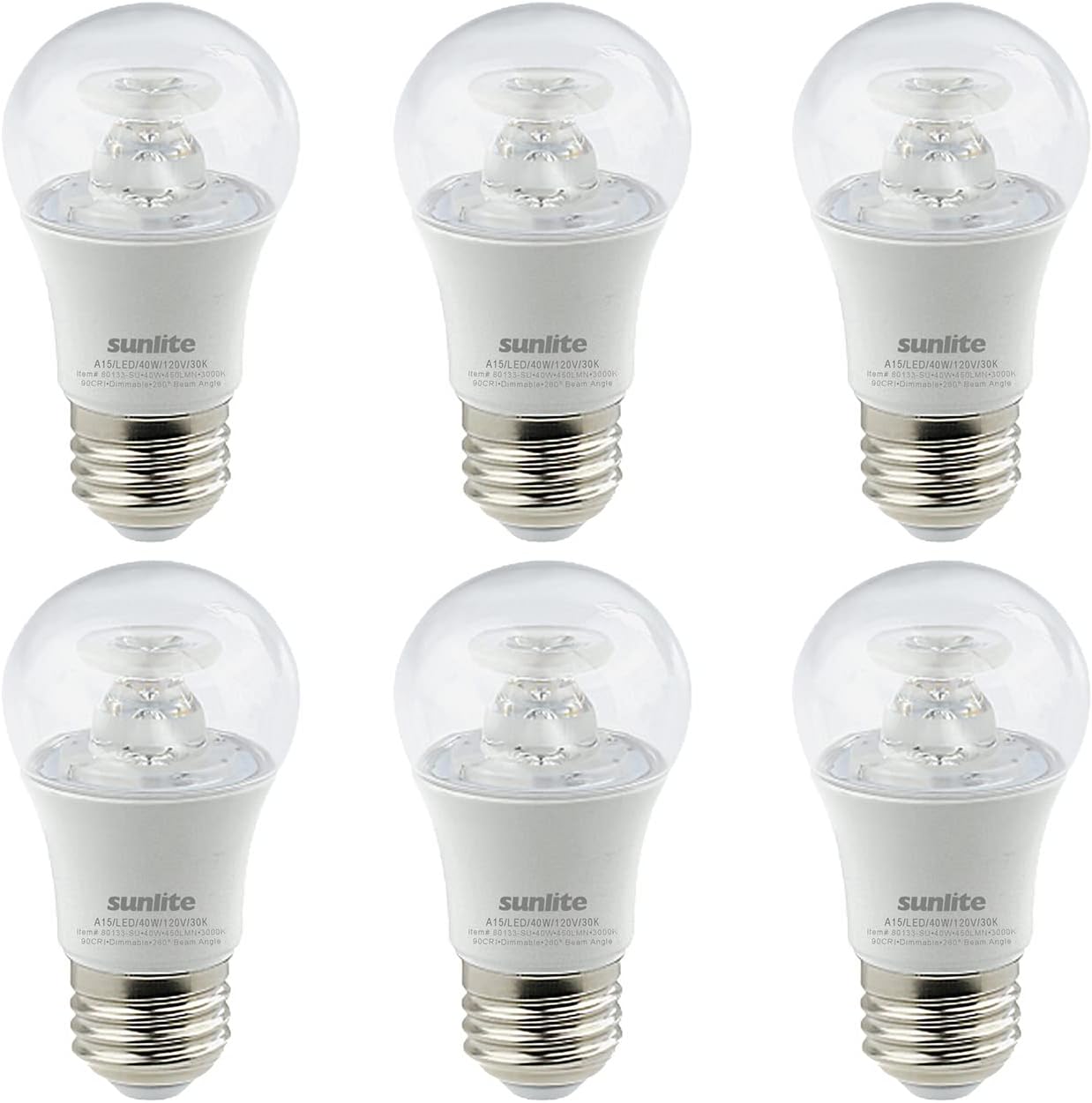 Sunlite LED A15 Appliance Clear Light Bulb, 6 Watts (40W Equivalent), 450 Lumens, Medium Base (E26), 90 CRI, Dimmable, ETL Listed, Ceiling Fan, 3000K Warm White, 6 Count