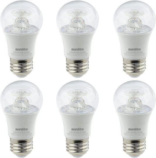 Sunlite LED A15 Appliance Clear Light Bulb, 6 Watts (40W Equivalent), 450 Lumens, Medium Base (E26), 90 CRI, Dimmable, ETL Listed, Ceiling Fan, 3000K Warm White, 6 Count