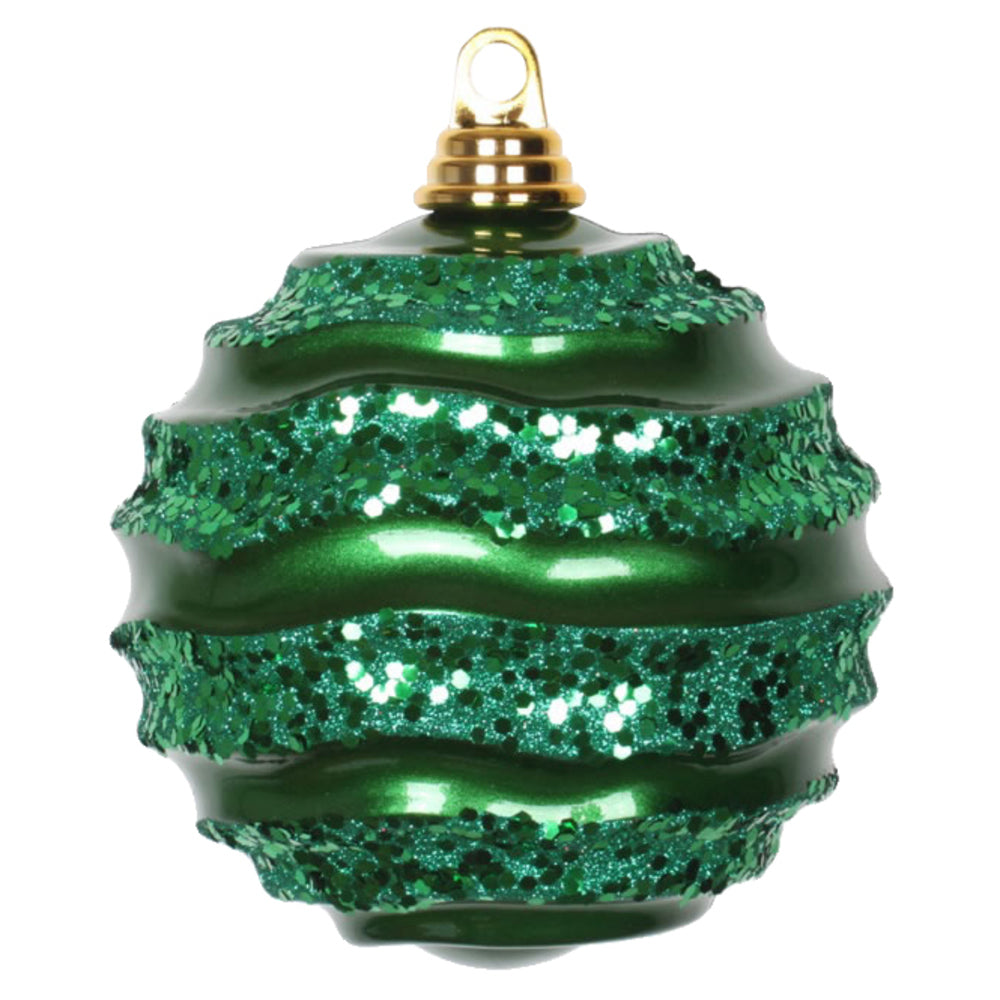 Vickerman 6" Green Candy Finish Wave Ball Christmas Ornament with Glitter Accents