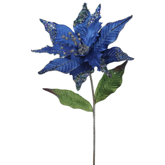 Vickerman 26" Blue Velvet Poinsettia Artificial Christmas Pick 3 per Bag