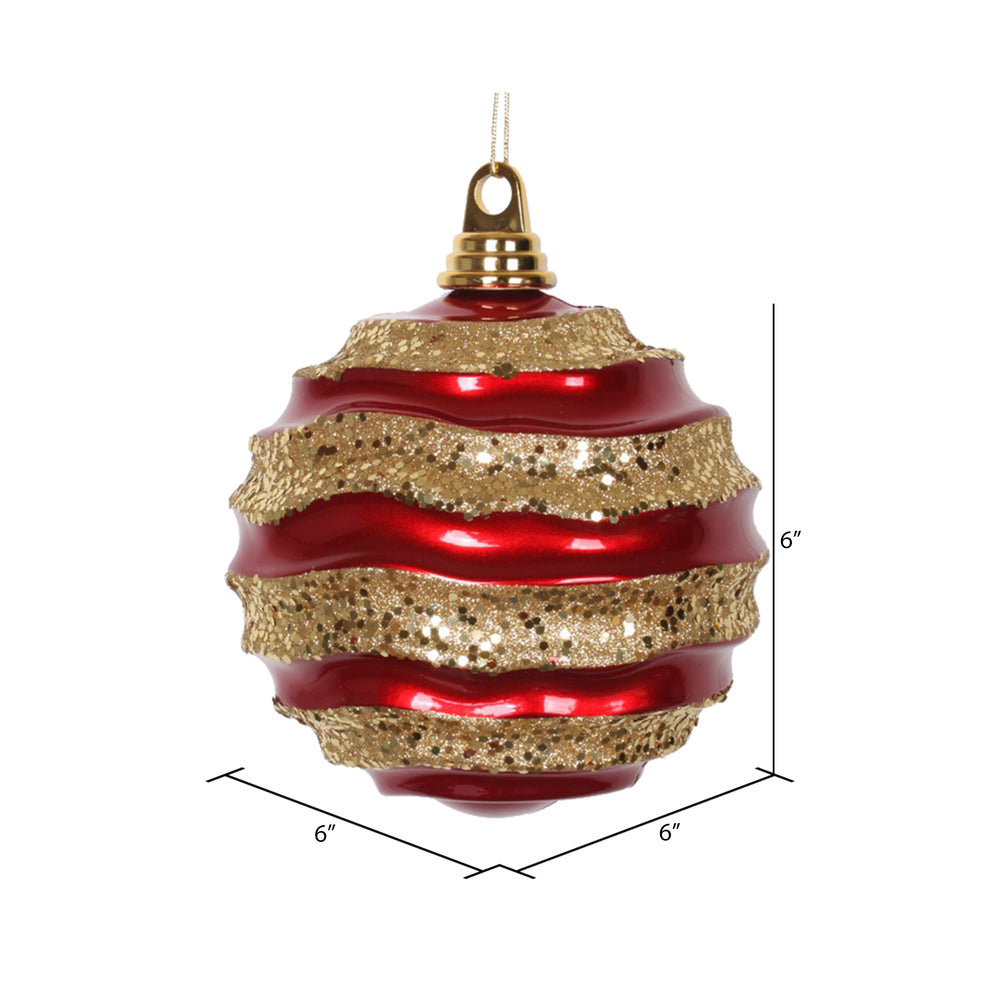 Vickerman 6" Red and Gold Stripe Candy Finish Wave Ball Christmas Ornament with Glitter Accents