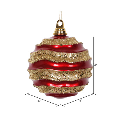 Vickerman 6" Red and Gold Stripe Candy Finish Wave Ball Christmas Ornament with Glitter Accents