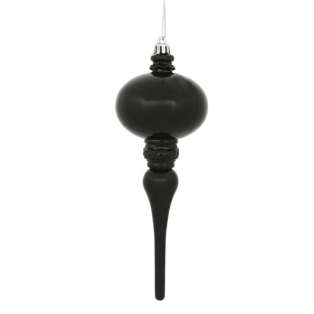 8" x 2.75" Black Shiny Finial Ornament with drilled and wired caps. Comes 3 per Bag.