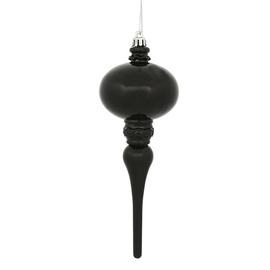 8" x 2.75" Black Shiny Finial Ornament with drilled and wired caps. Comes 3 per Bag.