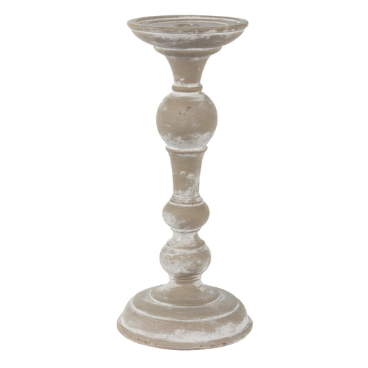 Vickerman 13" White Candlestick Polyresin. This candle stick is made of durable polyresin material. It features a modern shape with brushed accents. The candlestick measures 13" H x 5.75" W. It best suits a candle that is 3 inches in diameter.