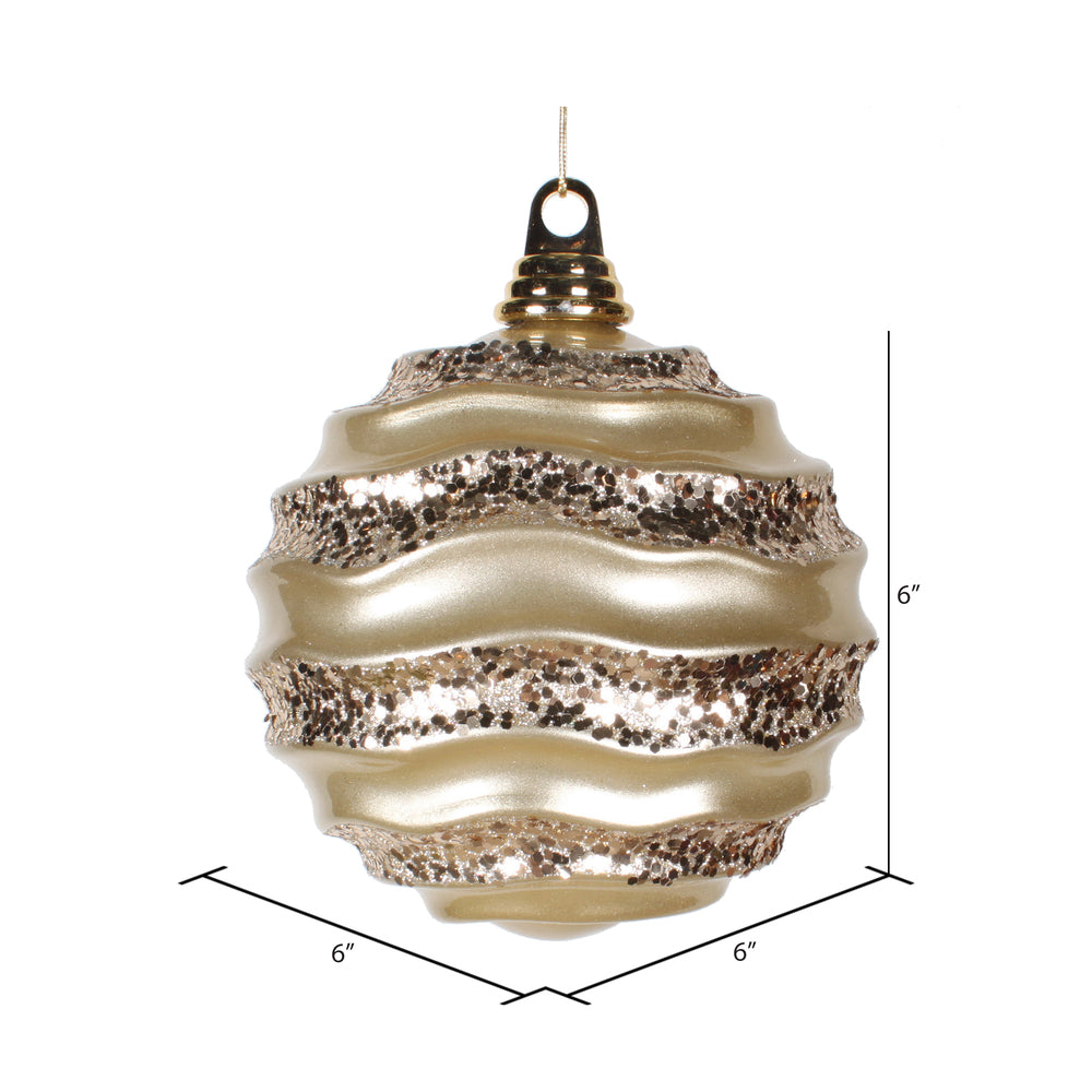 Vickerman 6" Champagne Stripe Candy Finish Wave Ball Christmas Ornament with Glitter Accents