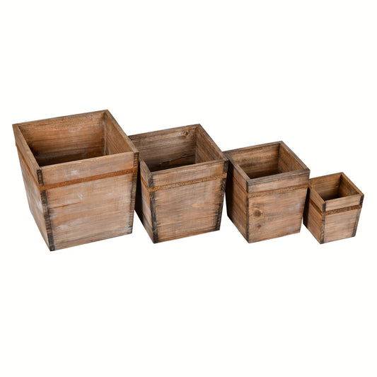 Vickerman 4"-6"-7"-8" Wooden Box Set. This set includes four wooden boxes that measure; large: 8.75" L x 7.5" W x 8.75" H medium: 7.3" L x 6.3" W x 7.5" H small: 6" L x 5" W x 6.75"H extra small: 4" L x 3.5" W x 4.7" H.  - 95% Wood Barrel 5%Metal