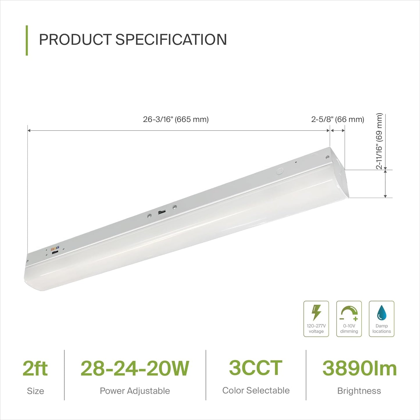 ASD Lighting LED Stairwell Fixture 2ft 20/24/28W 120-277V 0-10V Dimmable 140Lm/W 3500/4000/5000K with Motion Sensor White UL DLC Standard