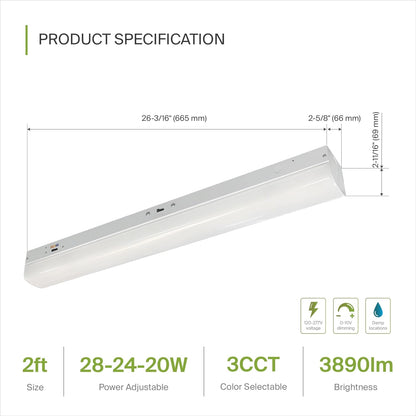ASD Lighting LED Stairwell Fixture 2ft 20/24/28W 120-277V 0-10V Dimmable 140Lm/W 3500/4000/5000K with Motion Sensor White UL DLC Standard