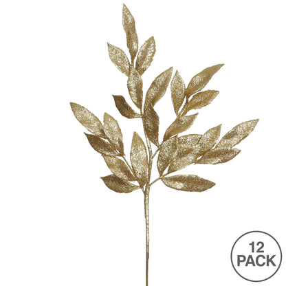 Vickerman 22" Gold Glitter BayLeaf Artificial Christmas Spray. Includes 12 sprays per pack.