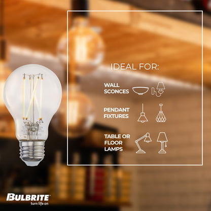 Bulbrite 8.5W LED A19 LIGHT BULB 4000K COOL WHITE FILAMENT, E26 MEDIUM SCREW BASE, DIMMABLE JA8 4PK