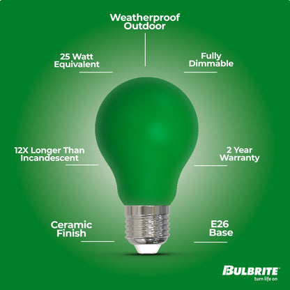 Bulbrite 776108 25-Watt Equivalent Ceramic Green Color A19 Weatherproof Outdoor E26 Medium Base LED Light Bulb