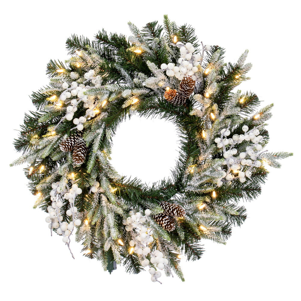 Vickerman 24" Frosted Berry Mixed Pine Cone Artificial Pre-Lit Wreath Warm White Lights.