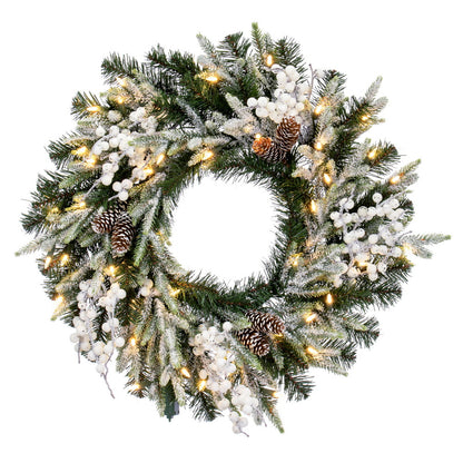 Vickerman 24" Frosted Berry Mixed Pine Cone Artificial Pre-Lit Wreath Warm White Lights.