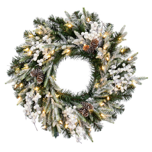 Vickerman 24" Frosted Berry Mixed Pine Cone Artificial Pre-Lit Wreath Warm White Lights.