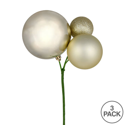 Vickerman 18" Champagne Ball Ornament Christmas Pick Set of 3